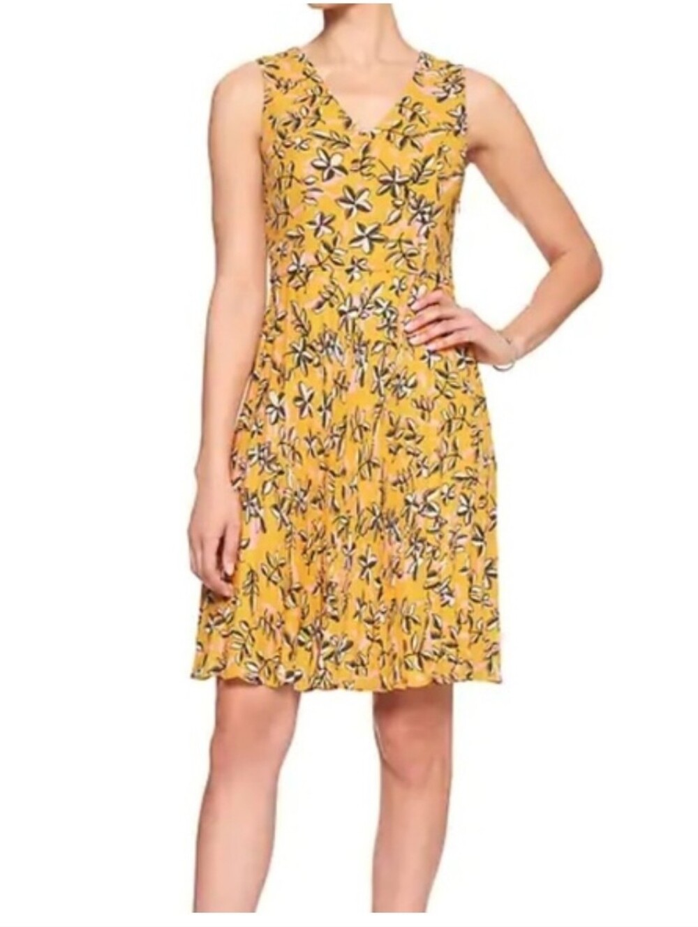 Banana Republic Yellow Floral V-Neck Pleated Sundress
